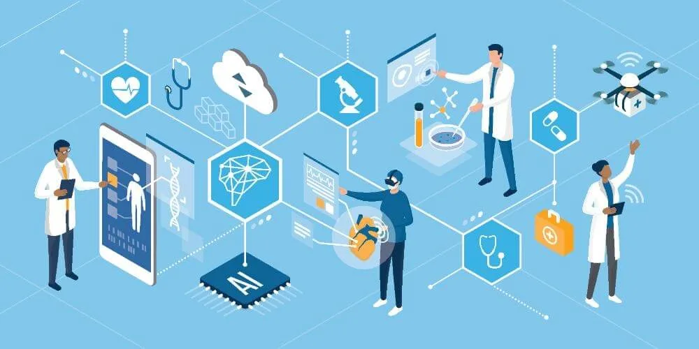 Researchers interacting with digital medical technology for SARMs clinical trials and innovation.