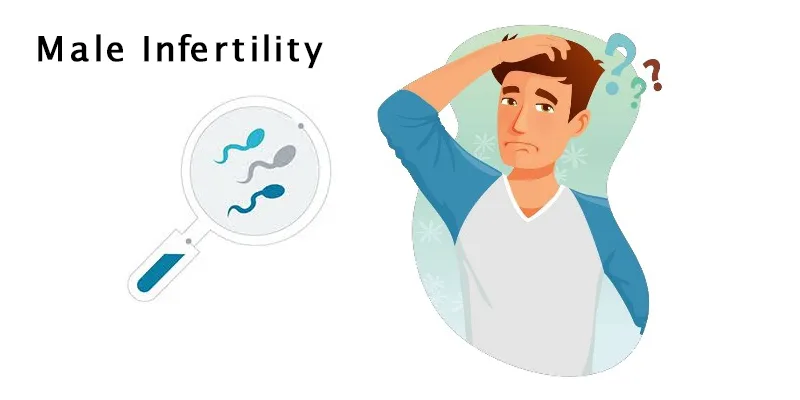 Sperm under magnification and man with puzzled expression illustrating male infertility concept.