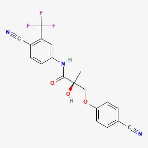 Chemical structure of ostarine including a bifunctional compound with nitrile and trifluoromethyl groups used in medicinal chemistry research.
